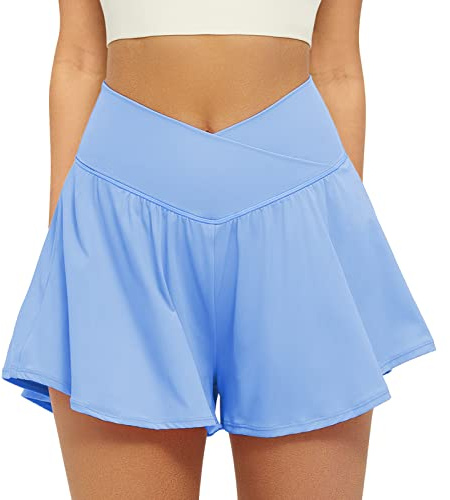 FireSwan Crossover Athletic Shorts für Damen, 2-in-1, fließende Laufshorts mit Taschen, Spandex, Schmetterling, Workout, Tennis-Skorts, Babyblau, Mittel