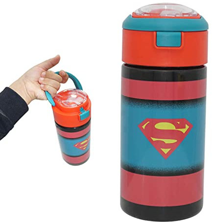 Superman Kids Water Bottle 530ml, BPA-Free Tritan, Leak-Proof, Flip Straw, Push Button, Lightweight, Red, 18x7.5cm, School, Sports, Travel, Reusable, Durable, Easy-Clean