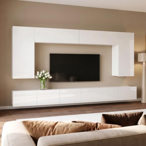 Lomadox Wohnwand Anbauwand weiß Hochglanz 6-teilig Modern, mit 2 TV-Lowboards, 2 vertikale Hängeschränke, 2 horizontale Hängeschränke