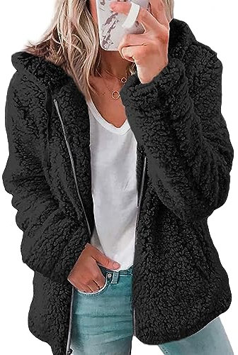 Yutdeng Fleecejacke Damen mit Kapuze Kapuzenpullover Winter Warm Kuscheljacke Mantel Reißverschlüsse Sweatjacke Flauschige Teddy Jacken für Damen Plüschjacke Teddyjacke Sweatshirt,Schwarz,L