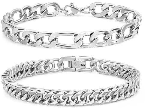 Aospkle Männerschmuck Edelstahl Kette Geschenk für Männer, 2PCS kubanischer Link Figaro Armband, Robuste 316L Edelstahl kubanische Link Kette für Männer Schmuck Set, 18/21/23 cm