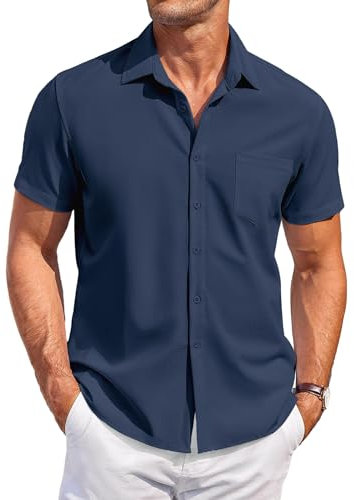 COOFANDY Men's Short Sleeve Shirt Stretch Dress Shirts Casual Non Iron Business Shirt Summer Beach Shirts Darkblue L