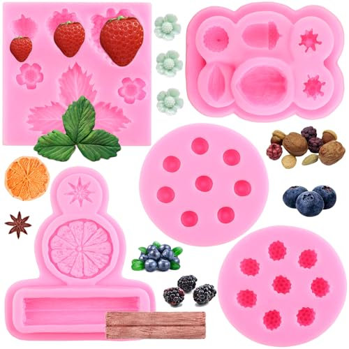 RFGHAC Lot de 5 moules en silicone en forme de fraise, framboise, myrtille, fondant, anis, cannelle, citron, noix, pour décoration de gâteaux, bonbons, argile polymère, pâte à sucre