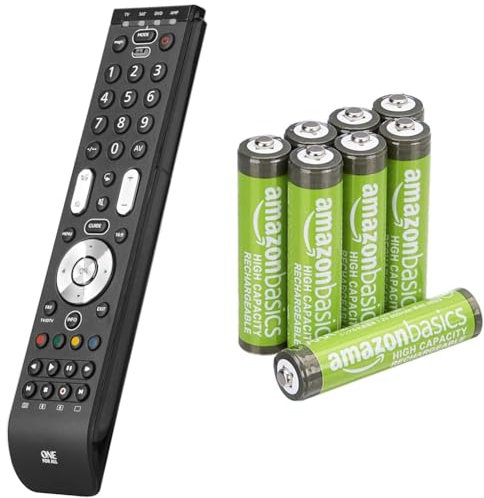 One For All Essence 4 Universal Fernbedienung - Steuerung von 4 Endgeräten & Amazon Basics AAA-Batterien mit hoher Kapazität, 850 mAh, wiederaufladbar, vorgeladen, NiMh, 8 Stück