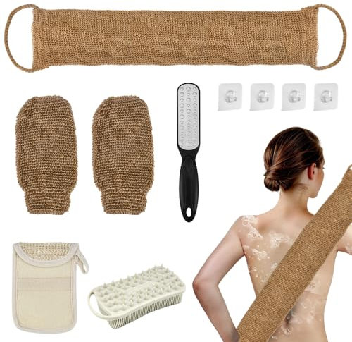 LPAMABA 10 in 1 Gant Exfoliant et Sangle Lave Dos Ensemble, 2 Gant Exfoliant Corps Gant de CRIN, 1 Gommage du Dos, 1 Limes pour Pieds, 1Pochettes à Savon, 1Brosse de Massage de Shampooing, 4crochets