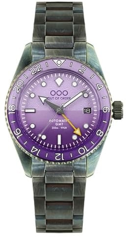 Out of Order Dark Violet GMT Automatik Armbanduhr für Herren aus Stahl Violett Datum Saphir, silber / schwarz, Armband