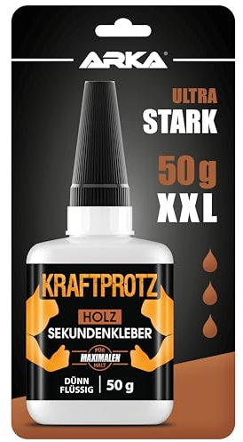 Sekundenkleber für Holz extra stark – dünnflüssiger Superkleber 50 g – transparent, schnelltrocknend, wasserfest, hitzebeständig – ARKA KRAFTPROTZ Holzkleber für Bastelbedarf & Möbel