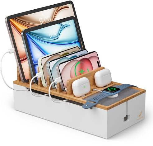 Pezin&Hulin Bamboo Cable Management Box, Charging station, Natural+White | Wire Organizers for Cords, Desktop Dock Organizer Rack for Electronic Device (No Power Adapter)