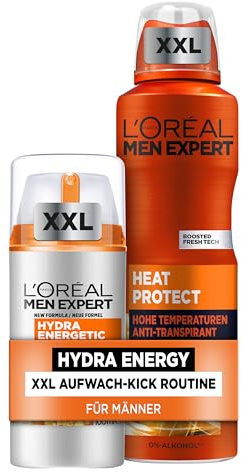 L'Oréal Men Expert Aufwach-Kick Pflegeset für Männer, Mit XXXL Deospray und XXL Gesichtscreme, Set für Herren mit Keramik und Vitamin C, Heat Protect, Hydra Energy, 2-teilig