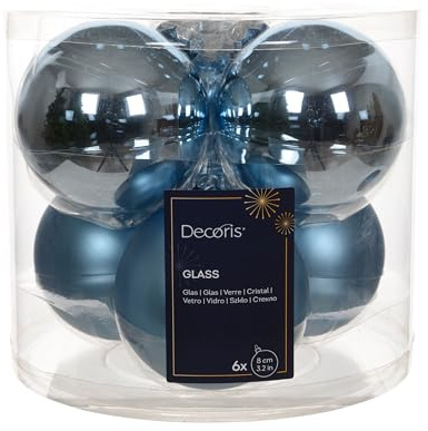 Kaemingk Palline di Natale in Vetro, 8 cm, 6 Pezzi, Opache e Lucide, Grandi Decorazioni per Albero di Natale, Blu Ghiaccio