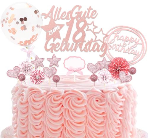 Dazzjoy 23 Stk Rosa Tortendeko 18 Geburtstag Mädchen,Glitter Cake Topper 18 Geburtstag Deko,Torten Deko zum 18 Geburtstag,Kuchendeko 18. Geburtstag Mädchen,Alles Gute zum 18 Geburtstag