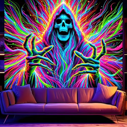 BlissYard Schwarzlicht-Totenkopf-Wandteppich, 190 x 150 cm, Gothic-Skelett, Wandbehang, Heimdekoration
