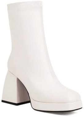 FQMAYPO Donna Stivaletti Punta Quadrata Tacco Alto Chunky Block Stivali Biker Piattaforma Stivaletti Elasticizzati Slip-On Bottine Corti Scarpe Sera Caldi Pelle Impermeabili,Bianca,35 EU