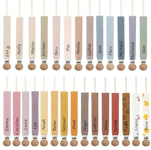 attache tétine personnalisé prénom fille garçon- en gaze de coton bio-attache en bois- 28 couleurs de tissu au choix
