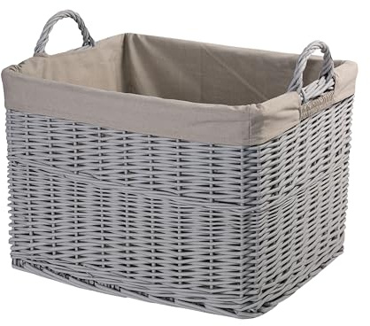 Home Storage Grey Painted Rectangular Wicker Basket with Handle, Large | Laundry, Toys, Baby Nursery, Collection Box