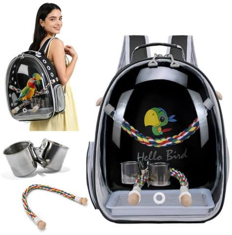 PETCUTE Multifunktionaler Rucksack für Vögel mit Holzstab, Leichte Träger Vogel Transporttasche, Papageien Reiserucksack mit Edelstahl-Tablett und Stehstange, Vogel Transportbox-Schwarz