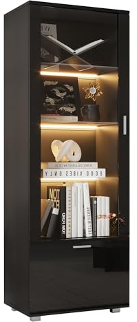 Schwarze Hochglanzvitrine mit LED & Glastüren – Moderne Glasvitrine für Sammlerstücke,Bücher & Dekoration – 3 Fachböden aus gehärtetem Glas – Stabile Vitrine mit Stauraum & Beleuchtung (40*50*160CM)