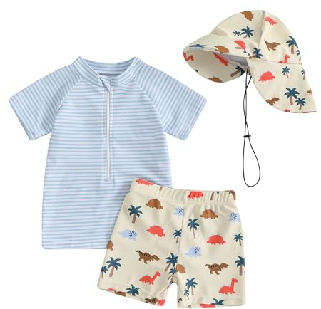 Maillot de Bain Bébé Garçon 3 Pièce Anti UV T-Shirt Manches Longues + Short de Bain + Chapeau de Soleil Costume de Bain Piscine Nataiton Plage (Bleu Rayé, 6-12 Months)