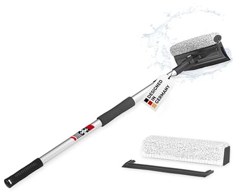HEYNER® Scheibenreiniger Set Insect Alu XL 25x125 faltbar + Teleskop und Ersatzkit Gummilippe + Mikrofaserbezug I Insektenentferner Alu Teleskop faltbar Universal