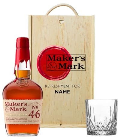 Personalised Makers Mark Kentucky Straight Bourbon Set with Whisky Glass in Wooden Box Set - 70cl (45%) - Whisky Gifts for Men, Mens Gifts, Father's Day, Christmas, Birthdays