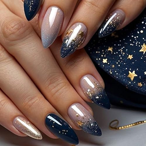 Ceboic 24 Stück Nägel Zum Aufkleben Mandel, Mittel Lang Falsche Nägel, Blau Sternenhimmel Glänzend French Press on Nails, Acryl Künstliche Fingernägel zum Aufkleben für Frauen & Mädchen Nail Art
