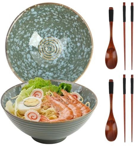 GEEKHOM Ramen Schüssel Set 2x 1200ml Japanische Ramen Bowl aus Keramik mit Essstäbchen und Löffel aus Holz - Groß, Mikrowelle & Spülmaschinenfest für Nudeln, Suppe, Pho, Salat