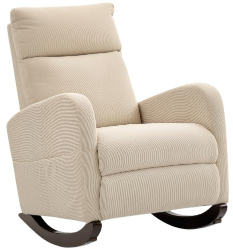 HOMCOM Rocking Chair High Back Accent Armchair Corduroy Upholstered Beige | Side Pockets, Solid Wood Legs, Modern, Living Room, Bedroom