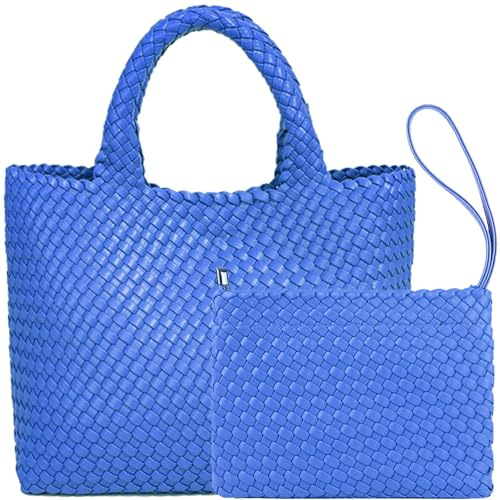 JINMANXUE Modische gewebte Einkaufstasche, Reisehandtaschen und Geldbörsen, Damen, große Kapazität, Schultertaschen, Wave Blue, 15.74 x 6.69 x 11.41
