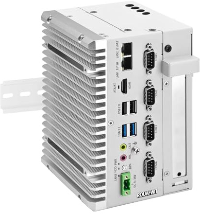 ROUAFWIT Mini PC Industrie Lüfterlos Fanless Embedded Computer J6412 Dual LAN 4COM PCIe Slot 4USB 4K Dual Display Auto Power On DDR4 0G RAM 0G SSD,Barebone