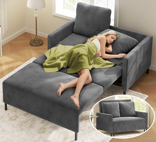 Domusensus 2 Sitzer Sofa mit Schlaffunktion, 120CM Cord Schlafsofa Klein, Schlafzimmer Sofas 53CM Extra Tiefe Sitze, Bequemes Couch mit 2 Kissen, Modernes Couch fürs Büro, Schlafcouch Grau