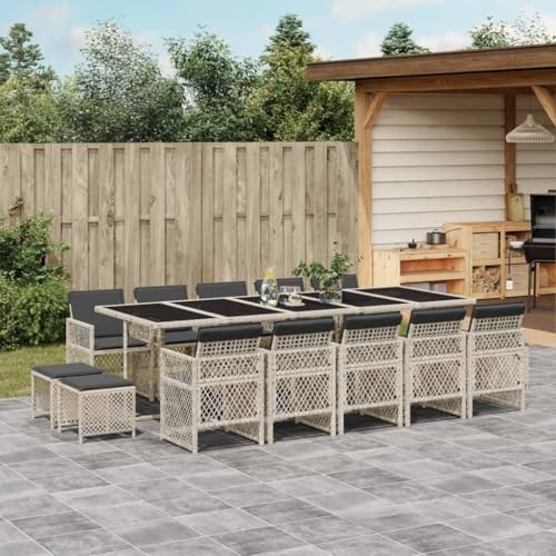 Mandloder 15-TLG. Garten-Essgruppe mit Kissen Hellgrau Poly Rattan, platzsparend, UV-beständig, Hartglas-Tischplatte für Terrasse, Balkon