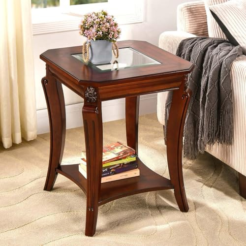 Tavolino quadrato di fascia alta con piano in vetro temperato, tavolino da fattoria con ripiano, tavolo da soggiorno con gambe in legno intagliate, 60,5 cm H, marrone ciliegia CJZ-A1168-GT