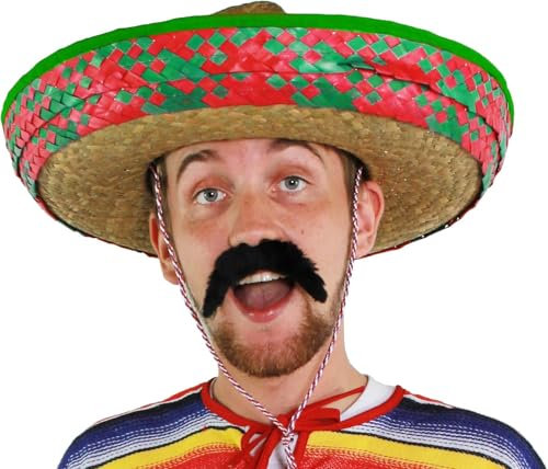 Sombrero mexicano de paja para hombre, color verde, viene con un bigote negro; accesorio para disfraz o fiesta