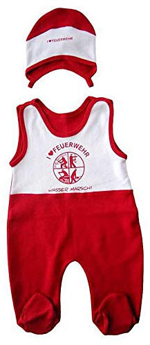 DFV Feuerwehr Baby Strampler + Mützchen weiß rot mit Feuerwehr Signet und I love Feuerwehr Größe 62-68 aus 100% Baumwolle
