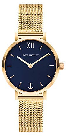 PAUL HEWITT Damenuhr Analog Quarz Sailor Line Modest – Gold Gehäuse, Blaues Zifferblatt, Mesharmband, Elegant und Minimalistisch