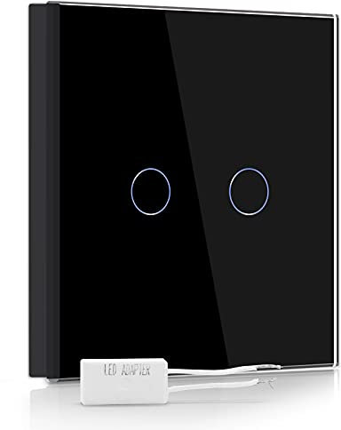 BSEED Interrupteur Variateur 2 Gang 1 Voie,Interrupteur Variateur Led Dimmable avec LED Affichage Light,Noir Variateur d'intensité Interrupteur Tactile avec Panneau en verre trempé