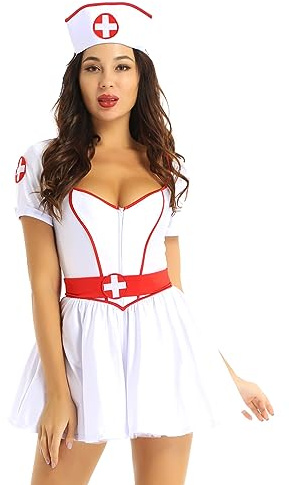 Alvivi Damen Krankenschwester Kostüm Ärztin Kleid mit Stirnband Doktor Kostüm Arzt Uniform Cosplay Halloween Karneval Fasching Verkleidung Weiß M