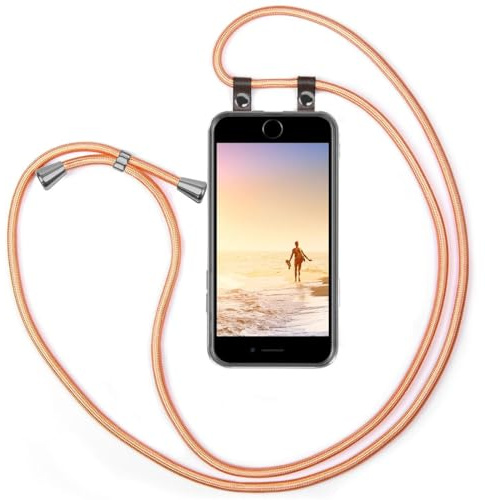moex Handykette für iPhone 7 Plus/iPhone 8 Plus Hülle mit Band abnehmbar, Handyhülle mit Kette zum Umhängen, Handyband 155 cm lang Stoff Kordel Umhängehülle, Handy Umhängeband, Rosé Gold