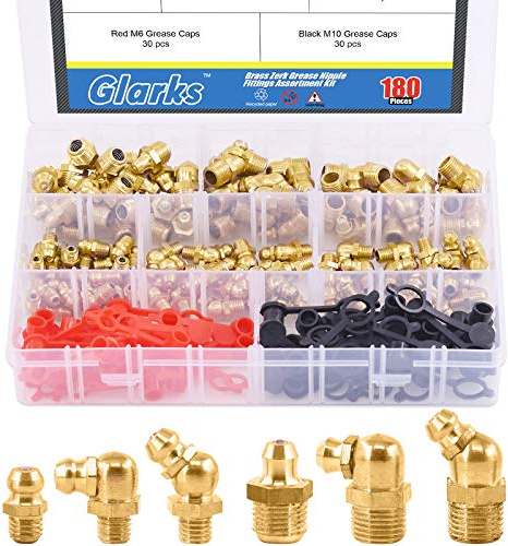 Glarks Lot de 180 raccords de graisse hydraulique en laiton standard SAE droite et 90 degrés et 45 degrés avec 60 capuchons rouges et noirs