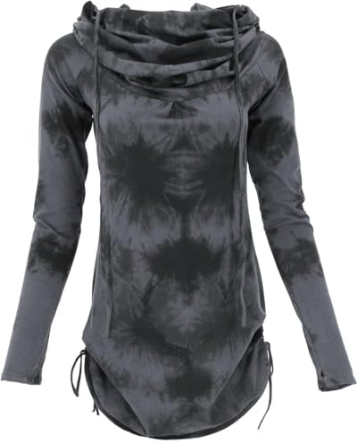 GURU SHOP Longshirt, Minikleid mit weiter Schalkapuze, Damenmode | Kurzes Minikleid, Daumenlöcher, seitliches Raffen, elastisch, normaler Schnitt, 97 % Baumwolle