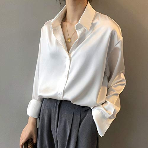 CWENROU Chemises Décontractées pour Femmes - Mode Printemps Et Été Bouton Satin Chemise Chemise Rétro Femmes Blanches À Manches Longues Chemise De Rue Lâche Élégant Et Doux Femmes De Bureau Occasio