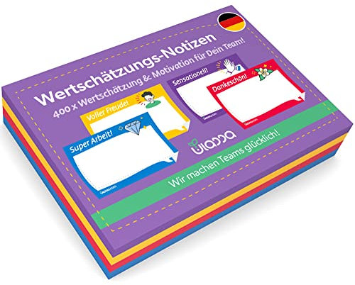 Ulassa Kudos Haftnotizen mit Motiv - DEUTSCH - 400 Notizzettel (8x50 Blatt) Klebezettel mit Text Sensationell - Super Arbeit - Dankeschön - Voller Freude - steigert die Wertschätzung & Motivation