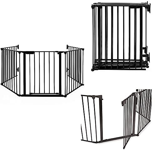 Laufgitter mit Sicherheitstür, Kaminschutzgitter Klappbar, 75cm Höhe Tierschutzgitter, 5 Elemente (Schwarz)