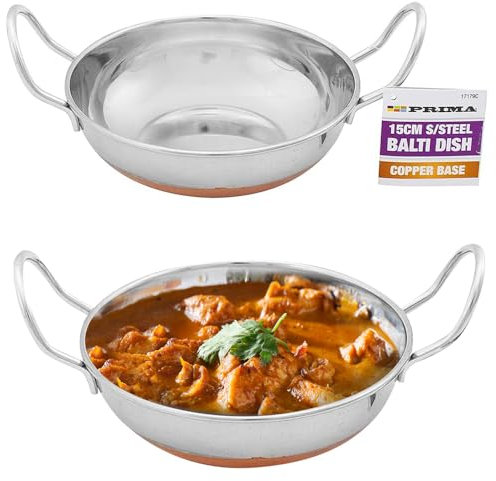 4PC 15CM BALTI Dish KARAHI Metal Curry Serving Stainless Steel Copper Base New