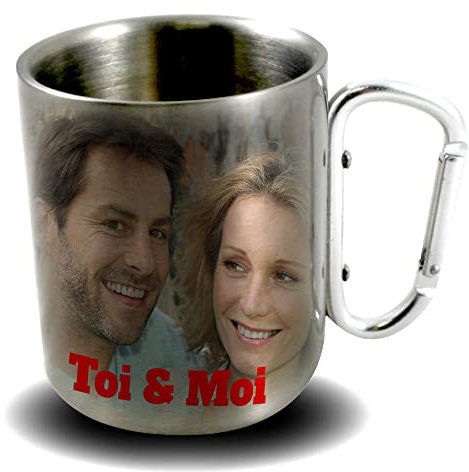 STYLX DESIGN WWW STYLX DESIGN.COM Tasse en Acier personnalisée avec Mousqueton. Tasses en Acier Inoxydable. Cadeaux personnalisés avec Photo. Tasses pour Le Camping et la Montagne