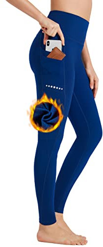 BAYGE Damen Sport Leggings Winter Hohe Taille Fleece Gefüttert Wasserdicht Blickdicht Bauchkontrolle Slim Fit Yogahose Sporthose Sweathose Fitnesshose mit Taschen, Blau, L