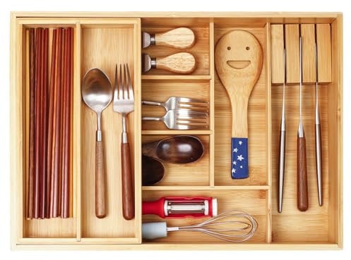 COIWAI Double layer Bamboo Silverware Drawer Organizer Kitchen, Utensil Silverware Organizer, Cutlery Tray, With Removable Utensil Tray, With Knife Block, Flatware Organizer Multi-use storage box