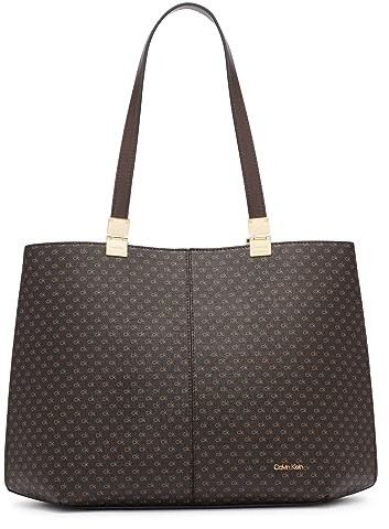 Calvin Klein Damen Geometric Tote Bag-Veganes Leder, Monogramm, 3 Taschen Geometrische Tragetasche aus Granit, Braun/Khaki/Schwarz