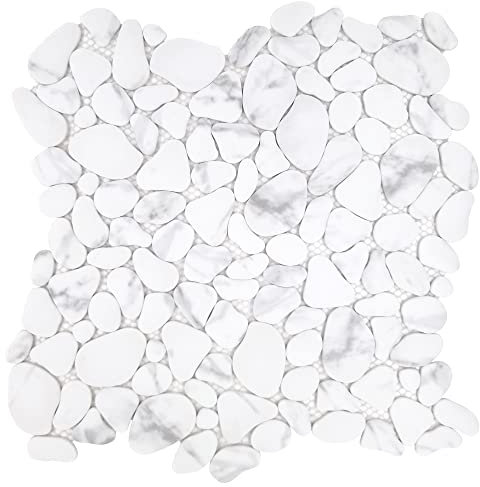 Sunwings Pebble Tile for Shower Floor Border Kitchen Bathroom Backsplash. Marble Stone Looks Wall and Floor Tile, 10 Sheets, Carrara White.