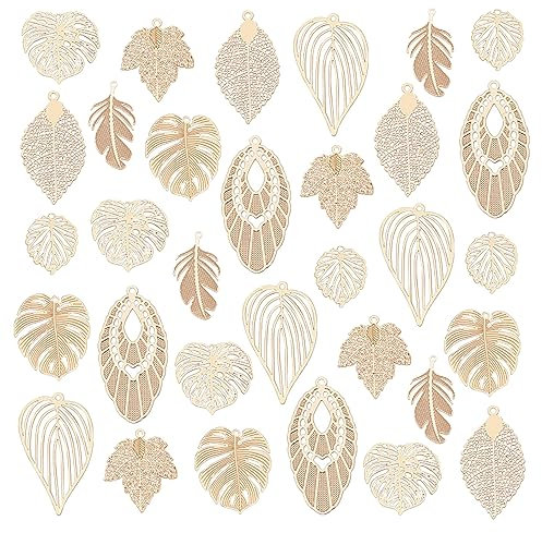 PandaHall 32 Stück 8 Style Baumblatt Charms, Messing Monstera Blatt Anhänger Filigran Geätztes Ahornblatt für Halskette Ohrring Schmuckherstellung Schlüsselanhänger Tasche Dekoration, Licht Gold